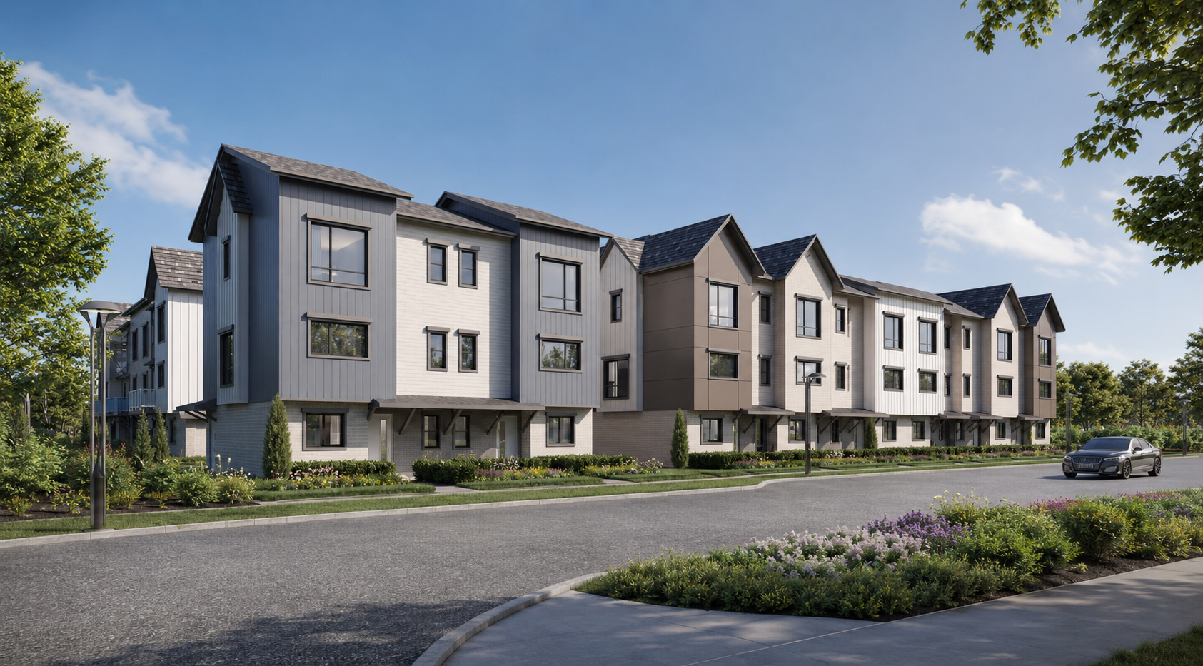 Antares townhomes along a landscaped streetscape